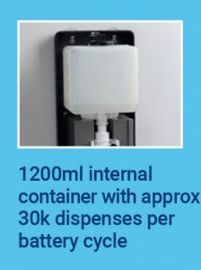 1200ml internal container with approx 30k dispenses per battery cycle